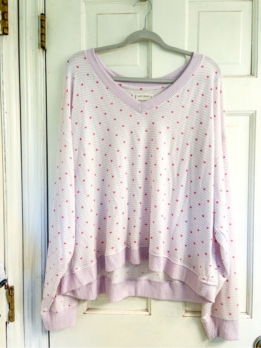 Lucky Brand Light Lavender V-Neck Sweater with Pink Heart Motif - XXL